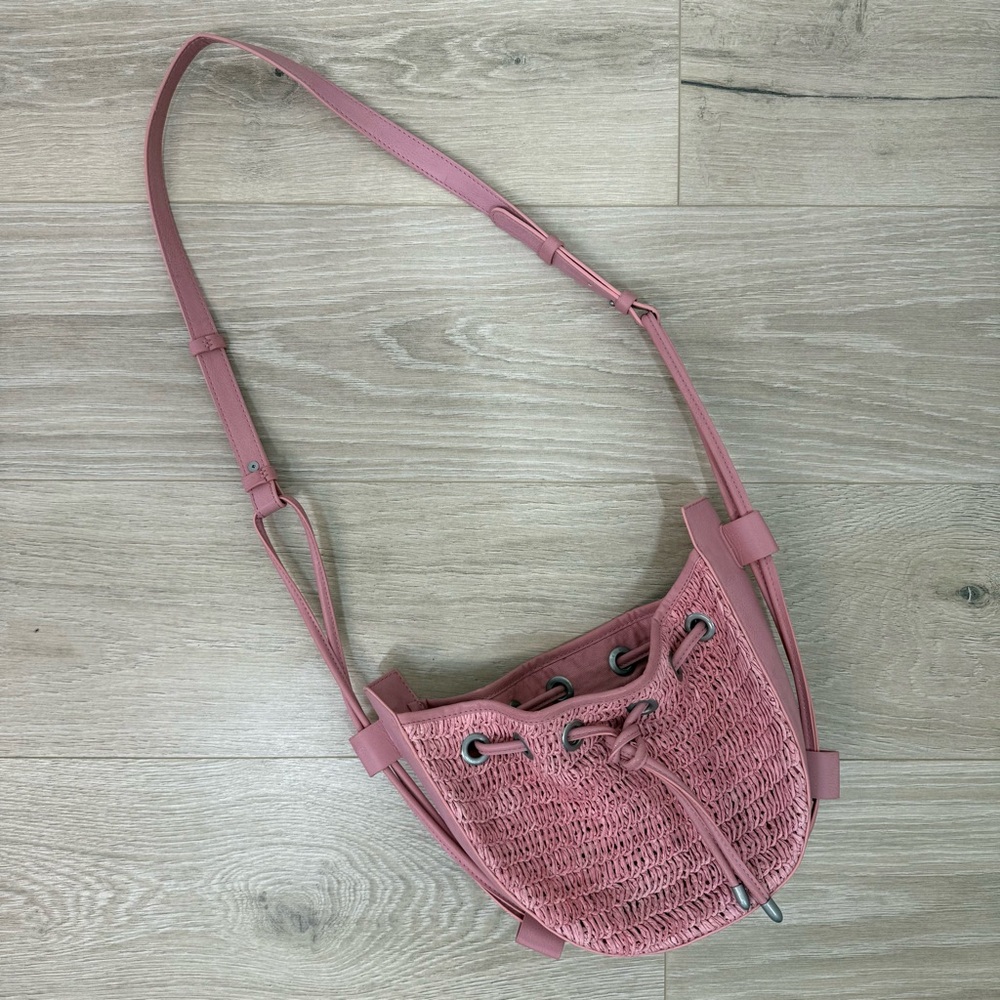 Free People Pink Woven Crossbody Bucket Bag